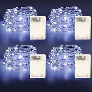 2 x Fairy Lights Battery Operated String Lights 16.4ft 50LED Flashing and Constant Light Waterproof Silver Wire for Christmas DIY Party Wedding Decoration (White, 4 Pack)