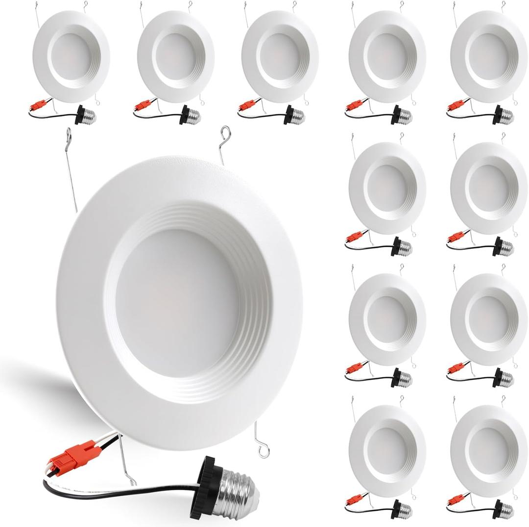 Energetic 5/6 Inch LED Recessed Lighting, 1000LM, 5000K Daylight Downlight, 12W=150W, Dimmable LED Can Light, Simple Retrofit Installation, IC & Wet Rated, FCC & ETL Listed, 12 Pack