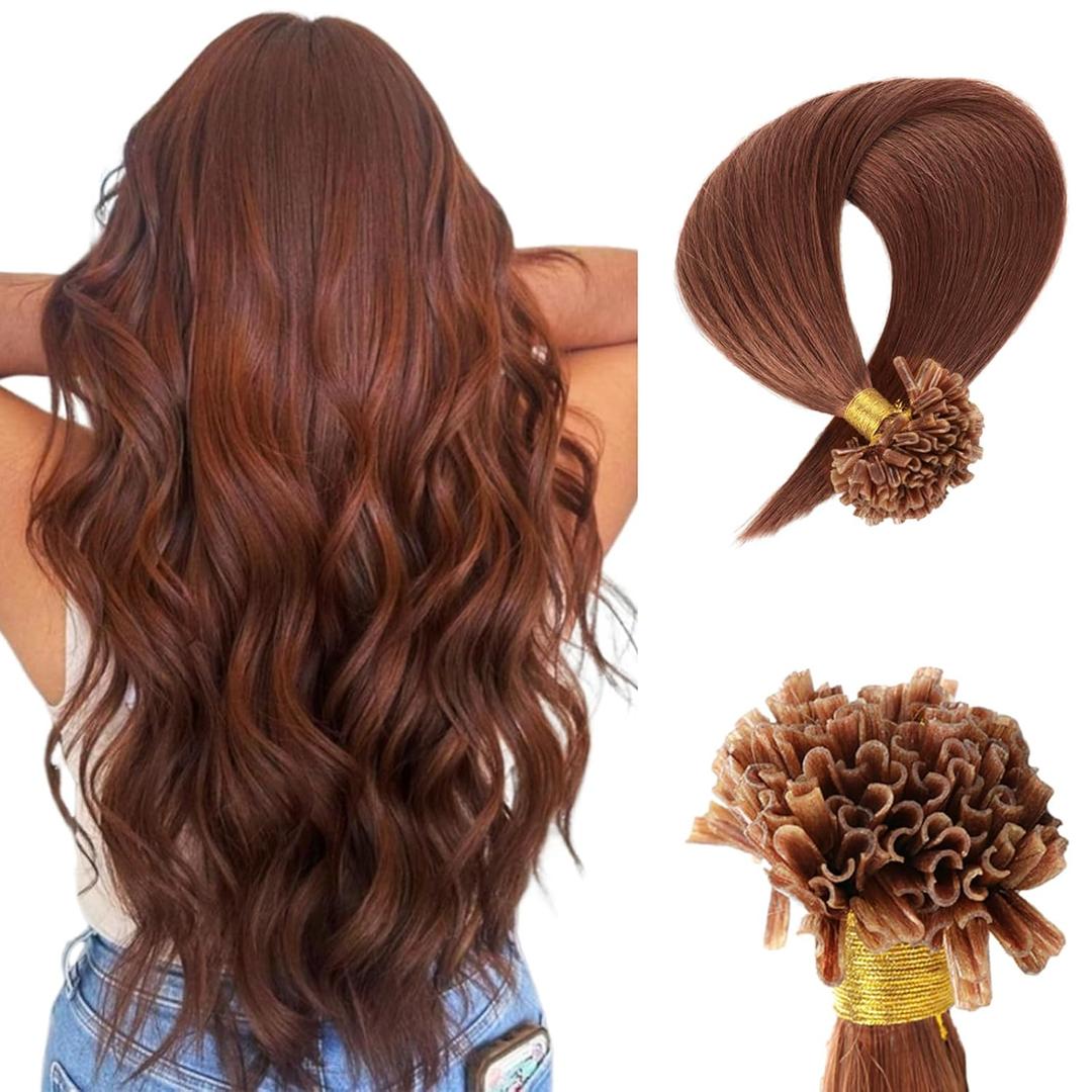 Curlable U-tip Human Hair Extensions 33# Copper Brown Keratin Nail Tip Hair Extension 100 Strands 0.5g/strands Straight Brazilian Remy Hair 24 Inch (60cm)