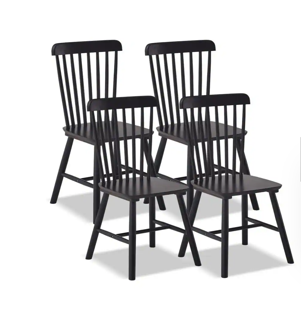 Black Windsor 100% Solid Wood Dining Chairs Set of 4