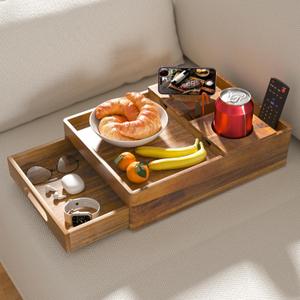 Acacia Wood Couch Cup Holder, 7-in-1 Couch Caddy Tray, Sofa Side Table with Push-Pull Drawer to Organize and Store Small Objects, 360Swivel Phone Holder, for Drinks, Cups, Snacks, Remote