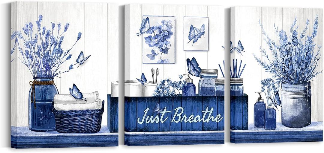 RnnJoile Navy Blue Bathroom Decor Botanical Butterflies Wall Art Just Breathe Sign Canvas Painting for Home Bathroom Decorations 12"x16" Each