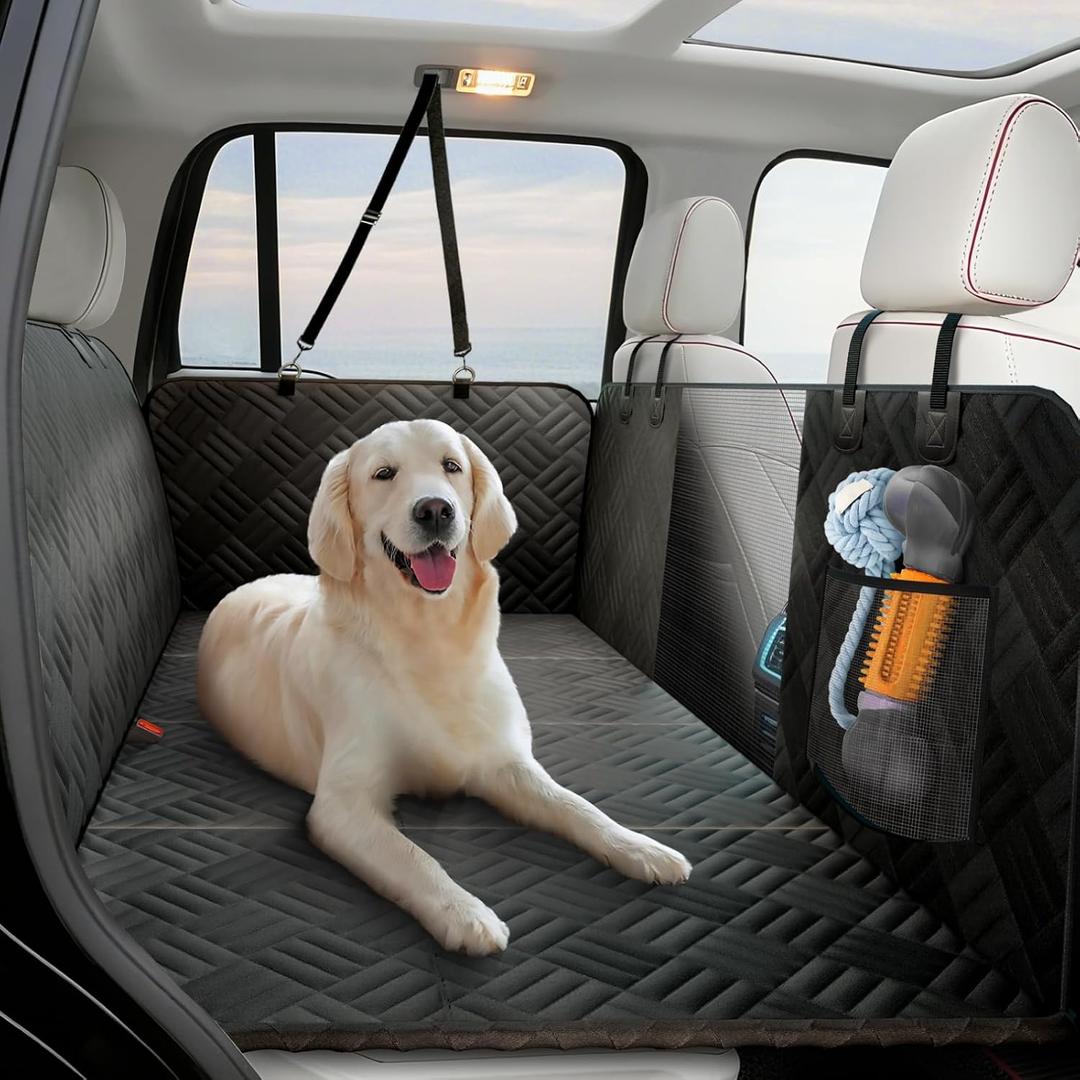 ELLINI Dog Car Seat Cover for Back Seat, Hard Bottom Back Seat Extender for Dogs, Holds 400lbs, 600D Heavy Duty Scratch-Proof Waterproof Dog Hammock for Full-Size Trucks/SUV