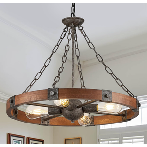 Farmhouse Wagon Wheel Chandelier 23.6" Walnut Rustic Chandeliers 4-Light Wood Round Pendant Light Fixture for Dining Room Kitchen Entryway Foyer