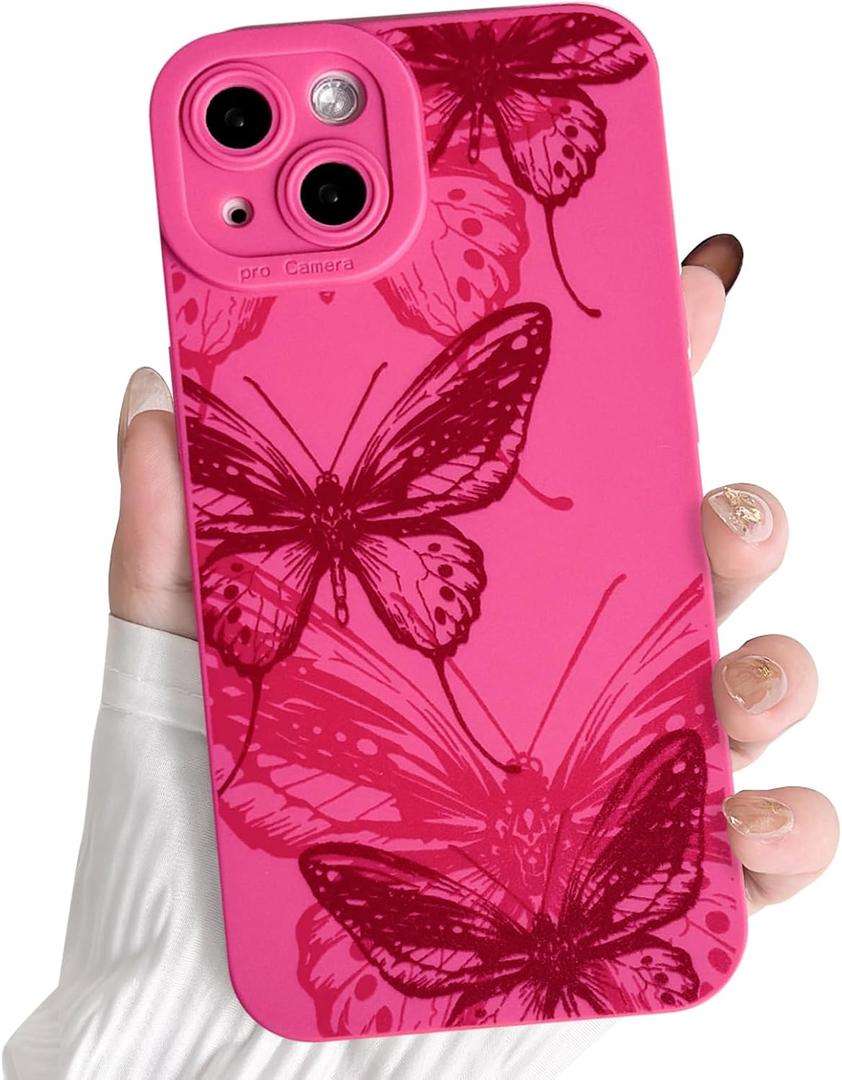 3 x NITITOP Compatible with iPhone 13 Case Cute Aesthetic Butterfly Pattern for Women Girls Soft TPU Shockproof Stylish Full Camera Protective Phone Cover - Rose Red
