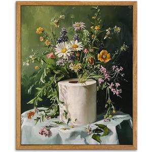 AtterrirArt Framed Funny Bathroom Wall Art, Toilet Paper Picture Painting Print, Vintage Moody Floral Wall Decor, Toilet Canvas Wall Art, Ready To Hang, 12 * 16 Inches
