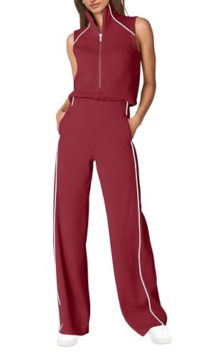 SENSERISE Women's Summer Jumpsuits Dressy Casual Sleeveless Mock Neck Top Wide Leg Pants Romper with Pockets(Burgundy Red, M)