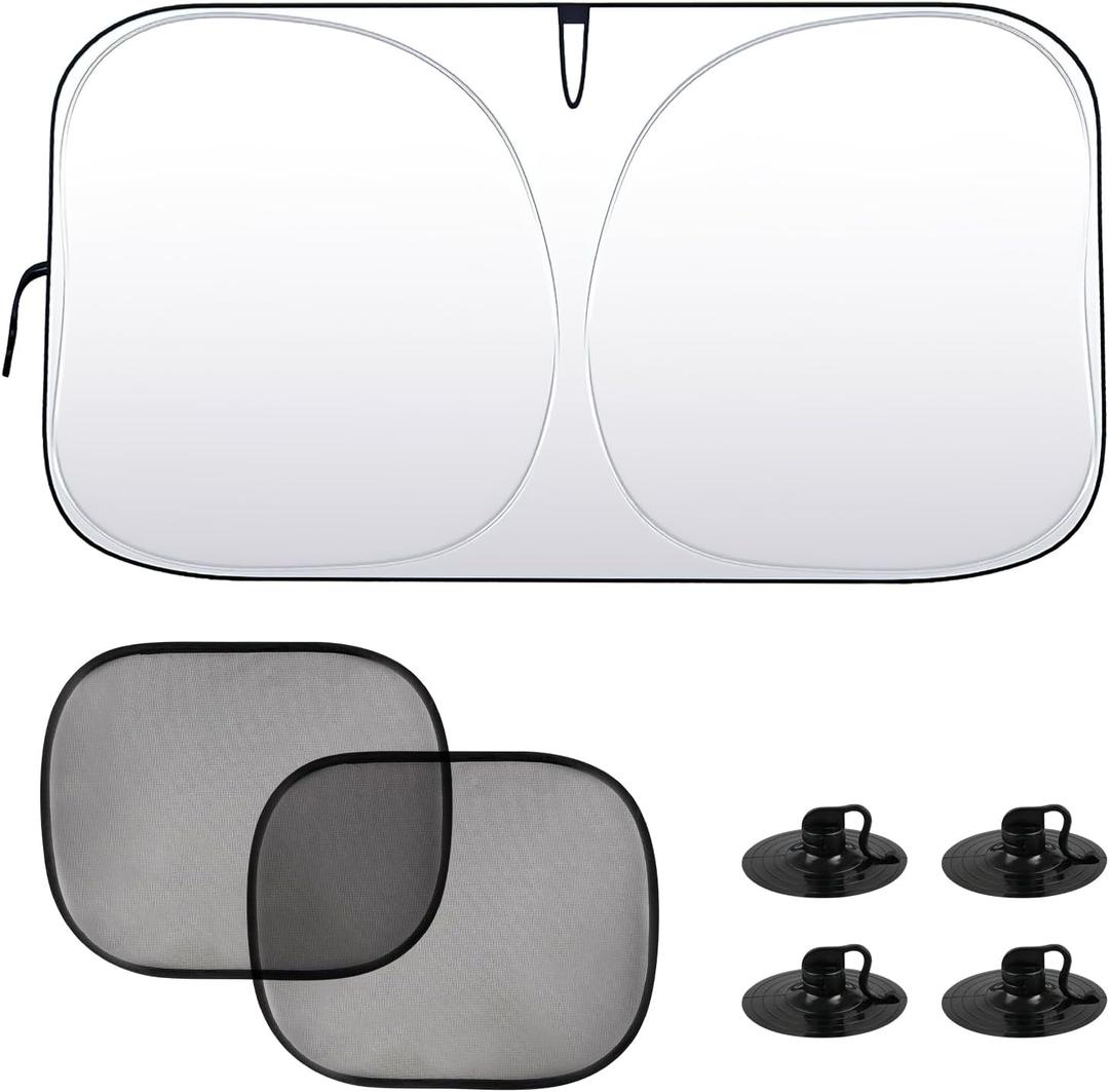 3PCS Car Window Shades, 57.1"31.5" Car Windshield Sunshade with 2 Side Window Shades, Auto Window Sun Blocker for Heat & UV Protection, Universal Vehicle Sun Shade Protector (3PCS)