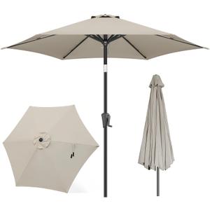 FLAME&SHADE 9ft Patio Umbrella Outdoor - Table Umbrella with Push Button Tilt and Crank, UV Protection, 6 Sturdy Ribs, Market Umbrella for Garden, Deck, Backyard, Lawn, Pool and Beach(Taupe)