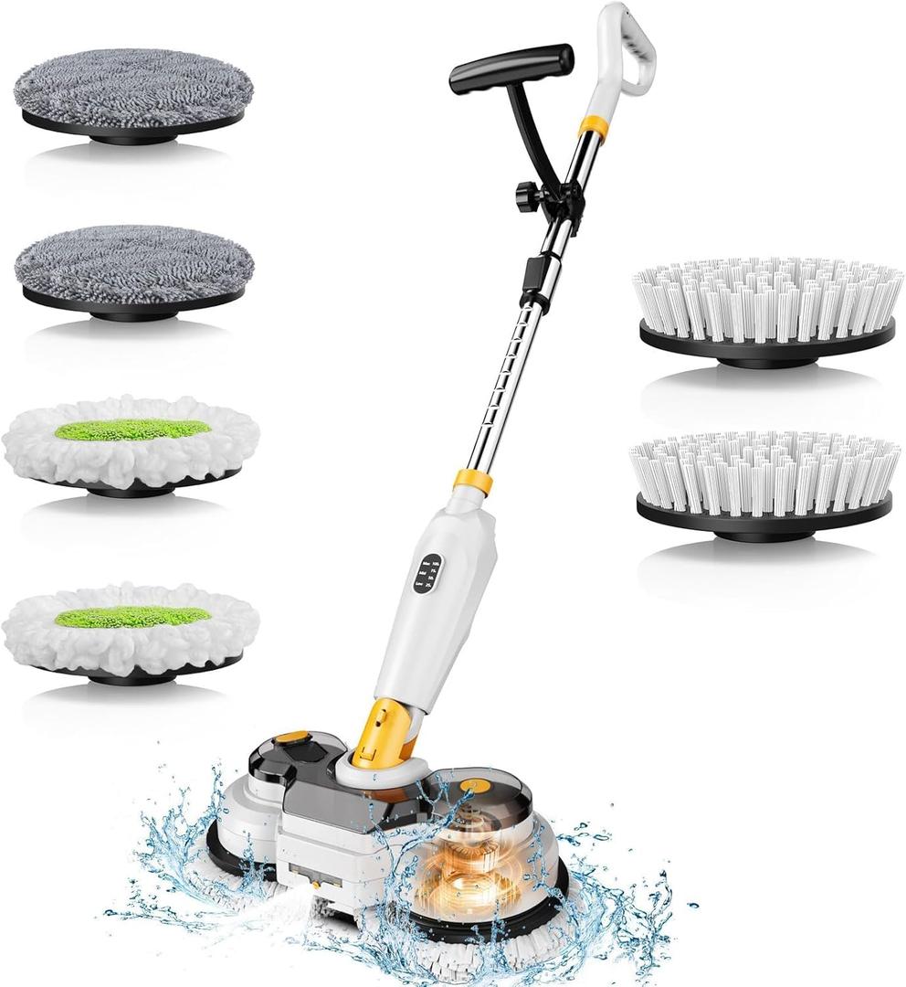 Cordless Electric Mop for Dewalt 20V Battery (NO Battery), 2 in 1 Spin Mop & Electric Floor Scrubber Machine with LED Light & Water Spray, 800 RPM Rotating Electric Mops for Floor (White Yellow)