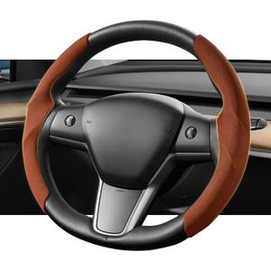 for 2017-2025 Tesla Model Y/Juniper Steering Wheel Cover Decorative,Fit Model 3/Highland Suede Steering Wheel Cover Protection Interior Auto Non Slip Grip Function Accessories(Brown)