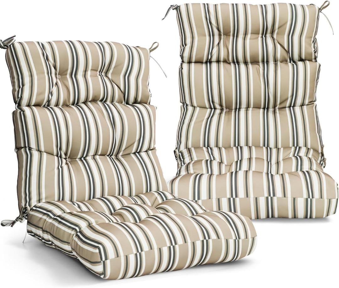 EAGLE PEAK Tufted Outdoor/Indoor High Back Patio Chair Cushions, Set of 2, 46'' x 22'', Beige Stripes
