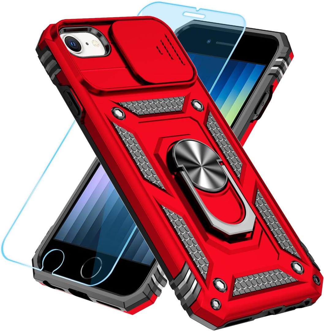 SunStory Compatible with iPhone SE 2022/2020/3rd/2rd / 6/7/8 Case with HD Screen Protector & Slide Camera Cover & Kickstand, [Military-Grade] Phone Case for iPhone SE 2020/2022/6/7/8 (Red)