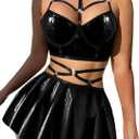 Sexy Strappy Leather Underwire Mini Choker Lingerie Set Skirts Dress with Thong 3 Piece Outfits (Medium, Glossy Black)