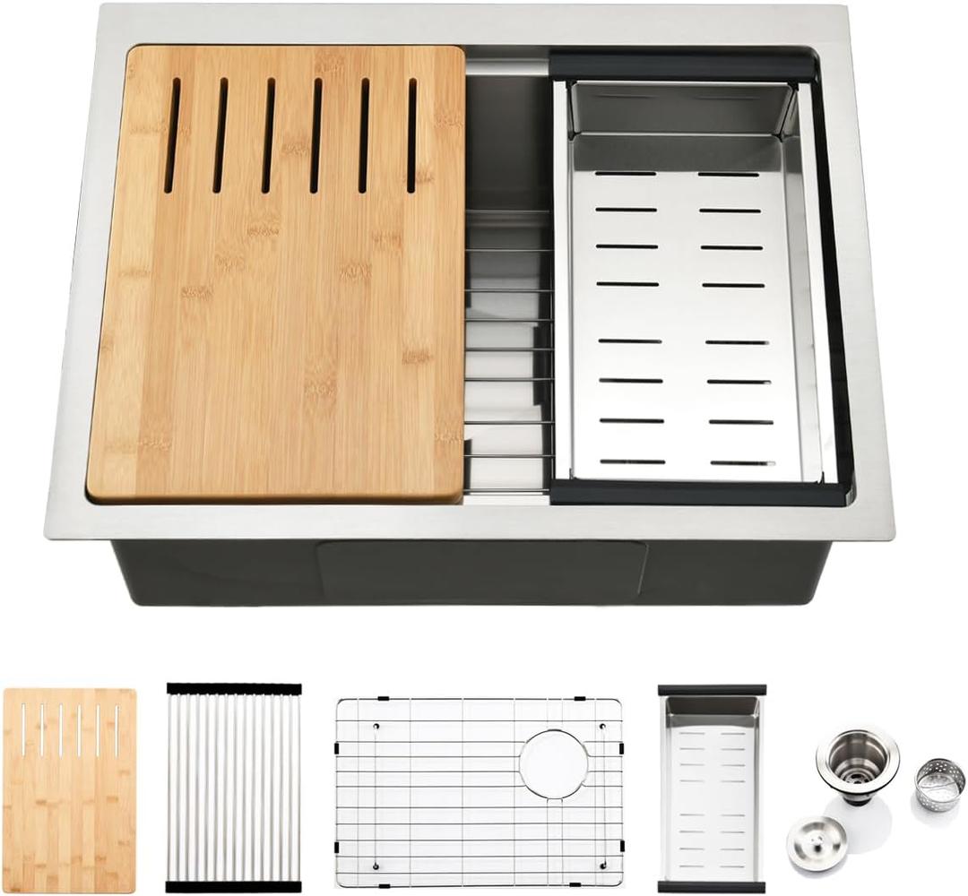 23 Inch Undermount Kitchen Sink Workstation - SZBAQTM 23x18 Inch Undermount Sink Stainless Steel Single Bowl 10'' Deep Handmade Kitchen sink with Cutting Board& Strainer
