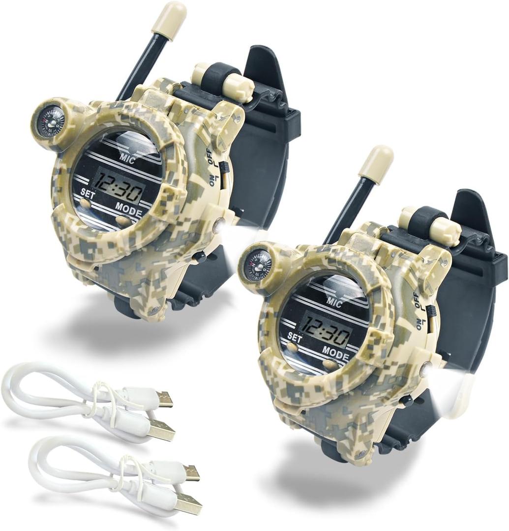 Walkie Talkie for Kids,Rechargeable Spy Walkie Talkies Watch Army Toys Gifts for Children,TwoWay Radio Walky Talky Watches with Flashlight Children Outdoor Game Interphone Toy Game(2 Pack)