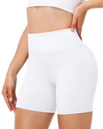 Runhit Spandex Shorts Women Biker Workout Gym Yoga Athletic Running Volleyball Booty Tummy Control High Waisted Soft Compression No See Through 5" L White L