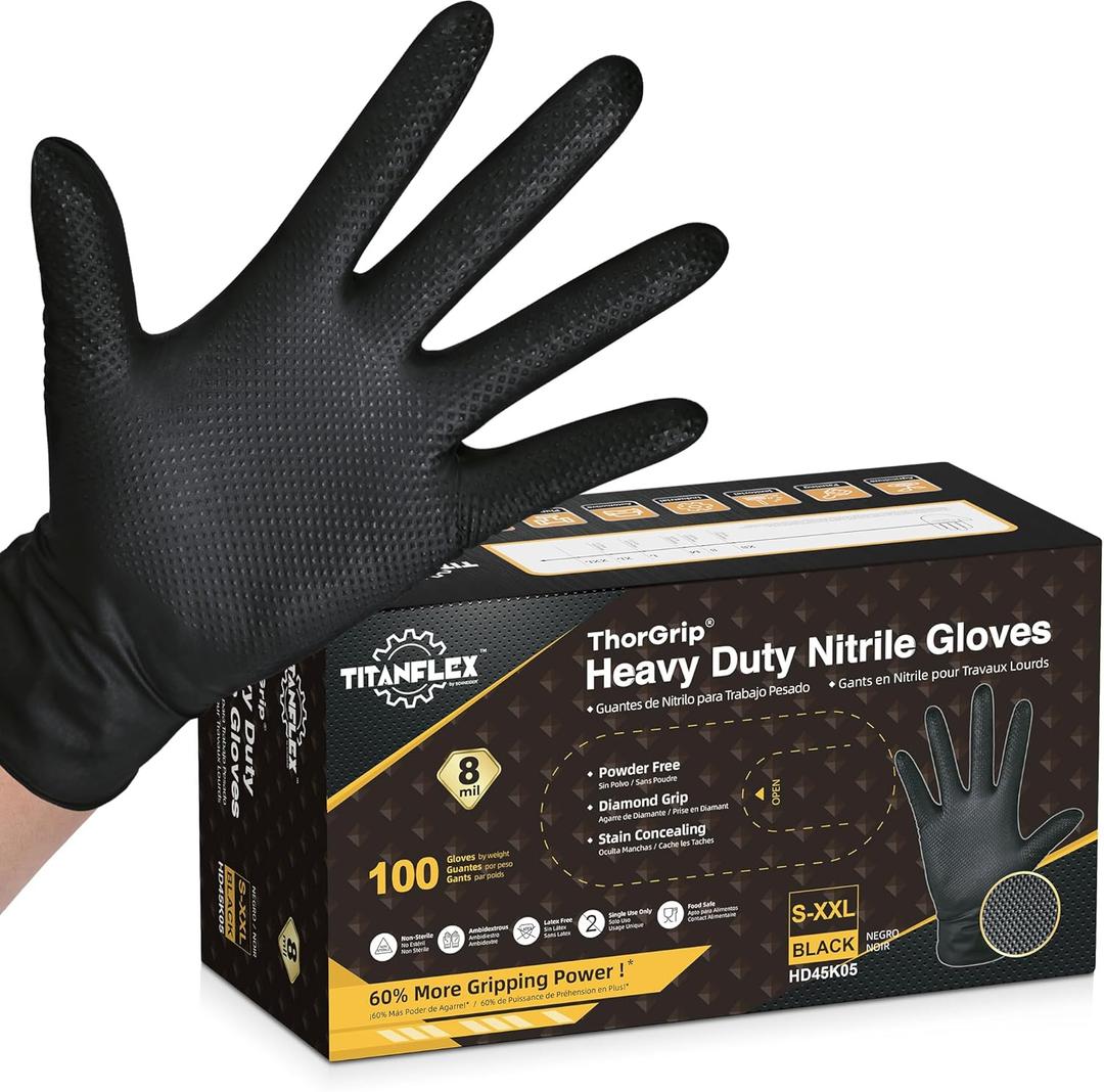 TitanFlex Thor Grip Heavy Duty Black Industrial Nitrile Gloves with Raised Diamond Texture, 8-mil, Latex Free (XL (Pack of 100))