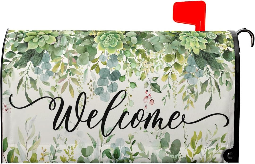 Spring Eucalyptus Leaves Mailbox Covers Magnetic Welcome Post Letter Box Wrap Large Size 25.5''x21'' Green Leaves Summer Dust-Proof Letterbox Decor Seasonal Postbox Cover for Outdoor Garden Yard