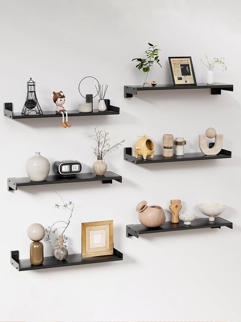 Floating Shelves for Wall, Shelves for Decor Storage Set of 6, Wall Mounted Wood Shelf for Bedroom, Living Room, Bathroom, Kitchen,Long Picture Ledge Shelves.(Black), 15.7 inches x 5.1 inches x 1.7 inches