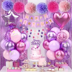Purple Pink Birthday Decorations Balloons Pink Purple Happy Birthday Banner Cake Topper Fringe Curtain Paper Pom Poms Butterfly Sticker Metallic Hot Pink Heart Star Foil Princess Party Girls Women