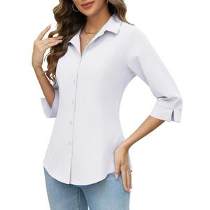 HOTOUCH Women Button Down Shirts 3/4 Sleeve Basic Business Dress Shirt Slim Fitted Classic V Neck Button Up Work Blouse Tops, M