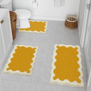 Uphome Yellow Bathroom Rugs Set Scalloped Non-Slip Cute Bathroom Mats Sets 3 Piece with U-Shaped Contour Absorbent Plush Microfiber Bath Rugs Washable Fun Aesthetic Floor Mats for Sink Tub Toilet