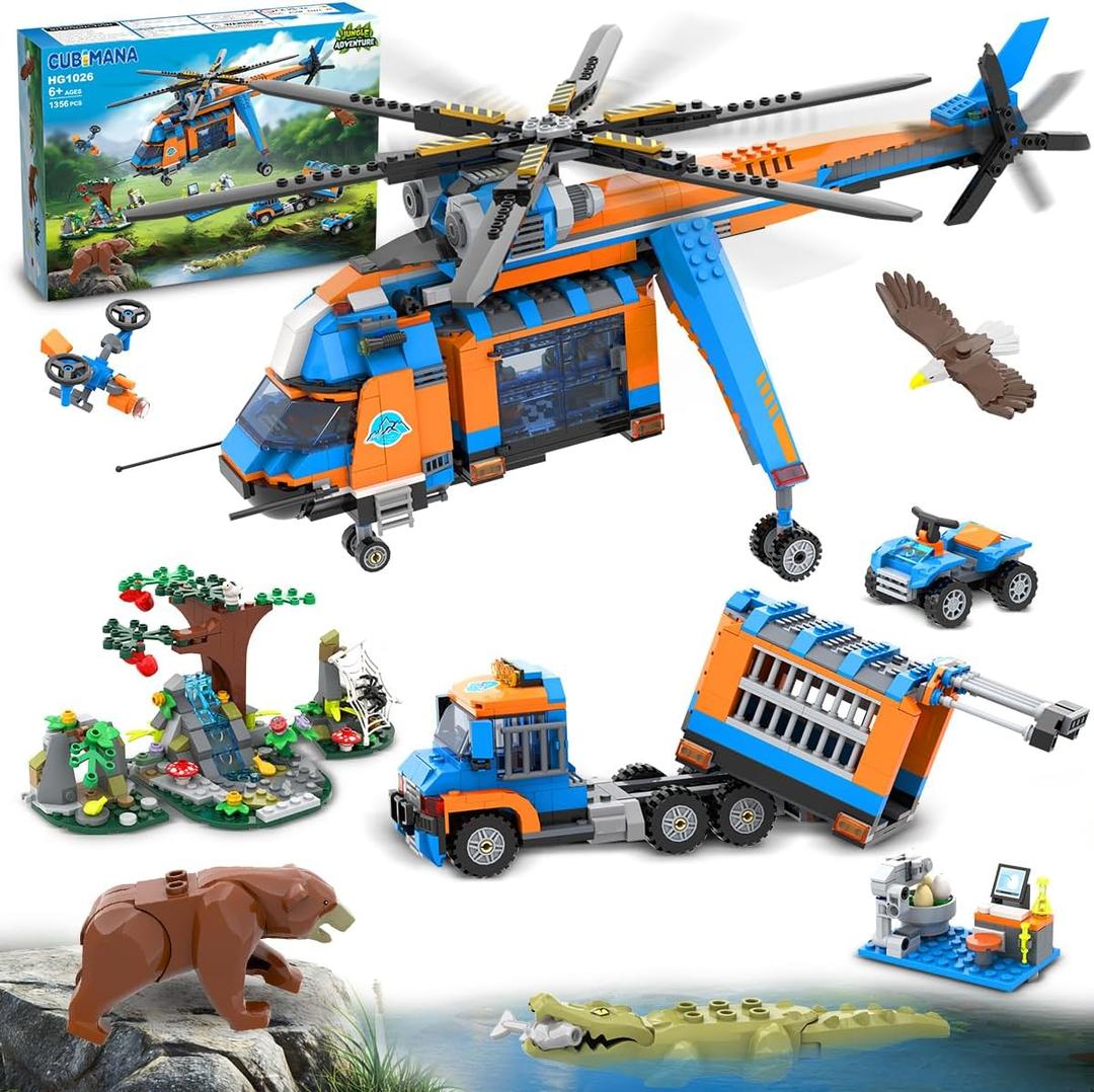 City Jungle Adventurer Helicopter Building Toys - 1356PCS Forest Truck Adventure Building Set with Car Crocodile Brown Bear Wildlife Rescue Blocks Playset Easter Gift for Kids Boys 6+