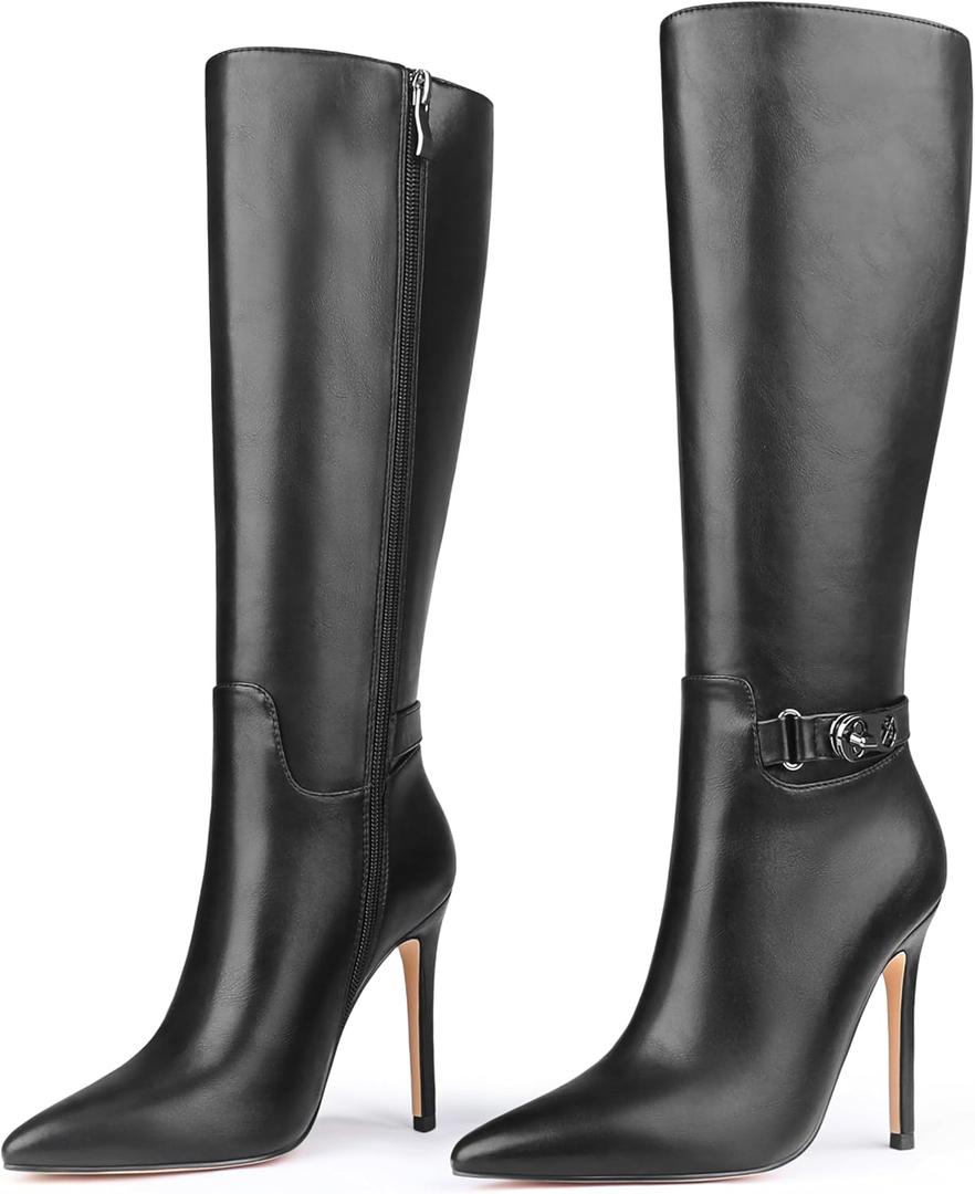 MERUMOTE Stiletto Knee High Boots Women Sexy Pointed Toe Zipper High Heels Boots (6, Black Matte)