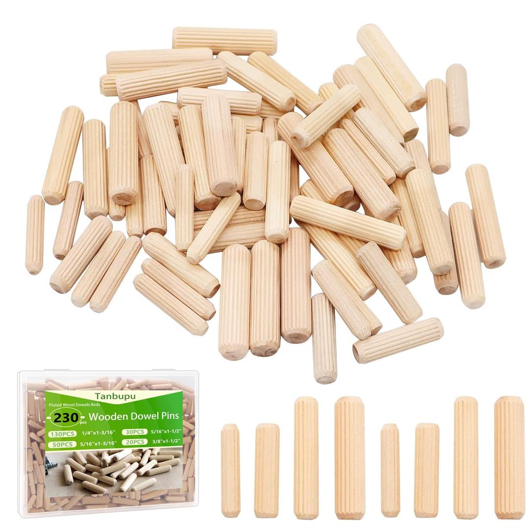 230Pcs Wooden Dowels Assorted M6 M8 M10 Fluted Wood Dowels Rods Grooved Plugs Hard Wood Crafts Dowel Pegs Woodwork Pin for Crafts, Furniture, DIY Manual,Carpentry (3/8 + 5/16 + 1/4in)