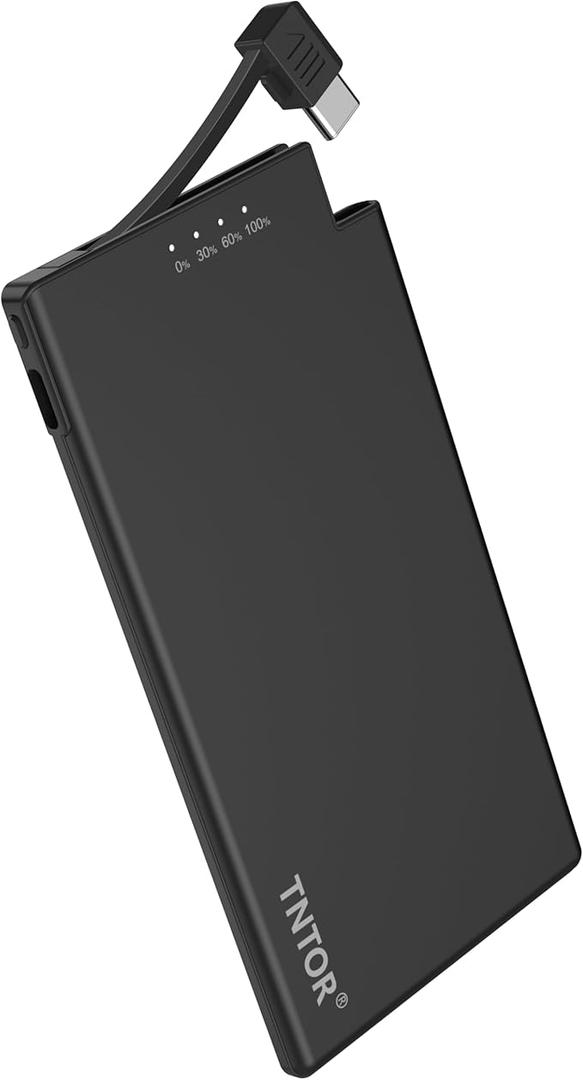 TNTOR Slim Portable Charger with Built-in USB C Cable, 5000mAh Ultra Thin Power Bank Small Battery Pack for Travel, Compatible with iPhone 15/16 Android Samsung Galaxy Pixel