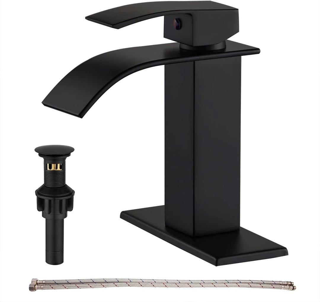 Black Bathroom Faucet Waterfall Single Handle Bathroom Sink Faucet with Metal Pop-up Drain, Bathroom Faucet One Hole or 3 Hole with Deck Plate (Matte Black)
