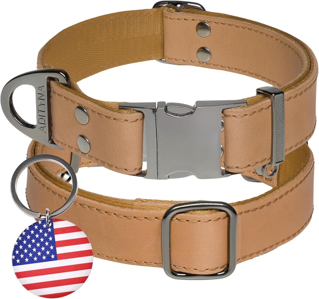 ADITYNA Leather Dog Collar with Metal Buckle - Heavy-Duty, Adjustable for Medium & Large Dogs - Walking, Training, Hiking (CamelBrown, Fits 15-21" Necks)