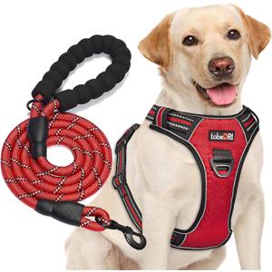 No Pull Dog Harness Adjustable Reflective Oxford Easy Control Medium Large Dog Harness with A Free Heavy Duty 5ft Dog Leash (L (Neck: 18"-25.5", Chest: 24.5"-33"), Red Harness+Leash)