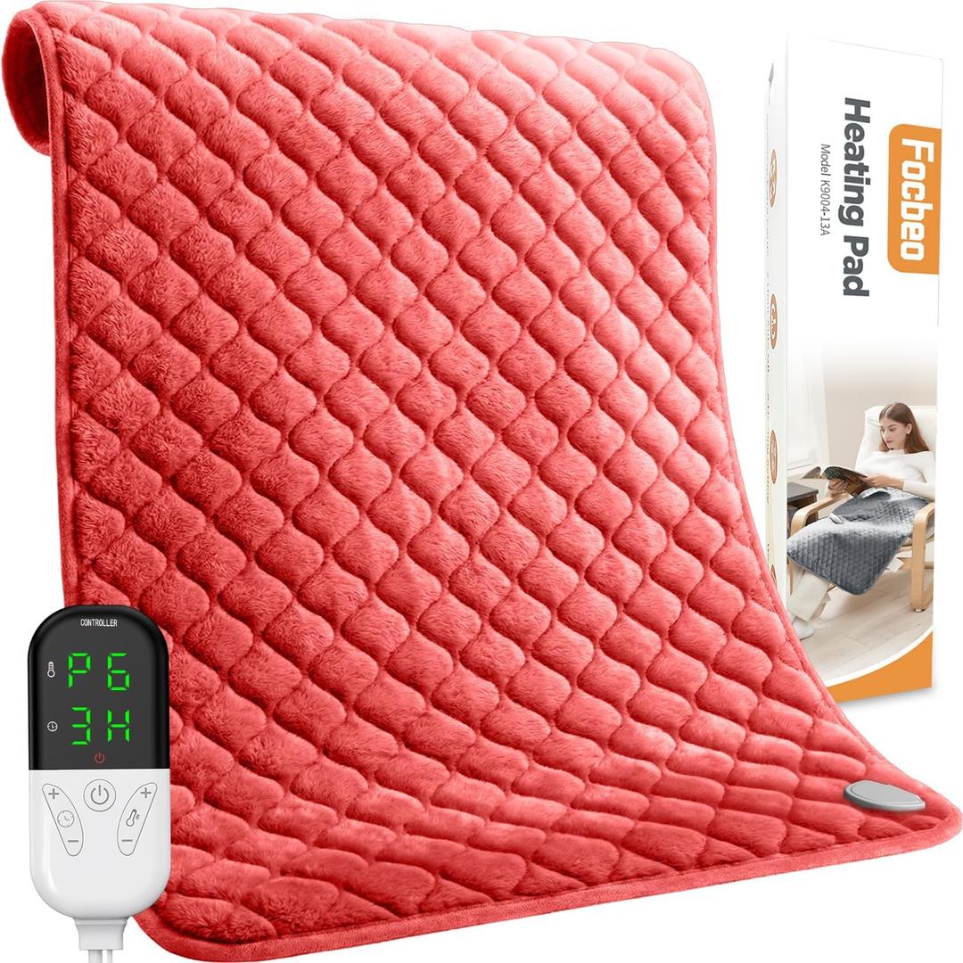 King Size Heating Pad for Back Pain 32"x24" Extra Large Electric Heating Pad for Period Cramps Relief & Body Neck Shoulder Auto Shut Off Heat Pad Temperature Settings Machine Washable Red