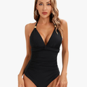 IRCHA Women V Neck Halter One Piece Swimsuit Front Tummy Control Ruched Bathing Suit Backless Back Tie Swimwear, size XXL, Black