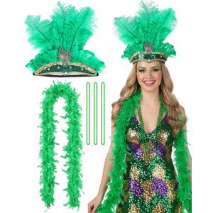 5 Pcs Feather Headpiece Accessories Set, Green Carnival Costume Set with Beads Necklaces and Feather Boa, 1920s Flapper Accessories for Women Costume Masquerade Party
