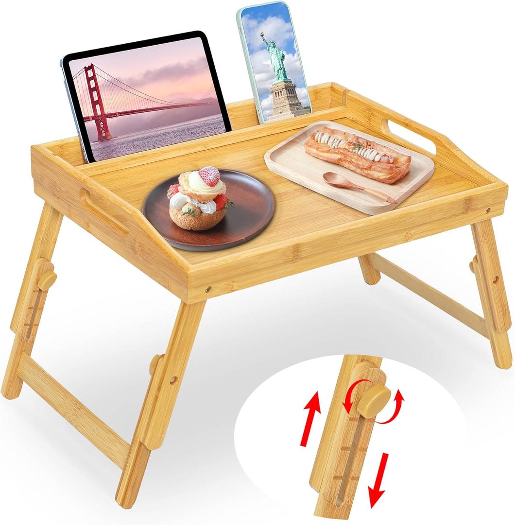 Bed Tray Table for Eating - Bamboo Breakfast Food Table with Phone Tablet Holder - Adjustable Height Serving Tray with Folding Legs on Lap Sofa - Portable Laptop Snack Platter for Bedroom Picnic (Natural)