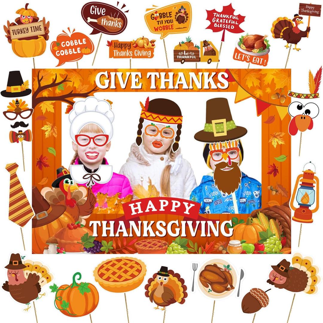 35pcs Thanksgiving Decorations Photo Booth Frame and Props Pumpkin Turkey Maple Leaves Give Thanks Fall Harvest for Happy Thanksgiving Party Decorations