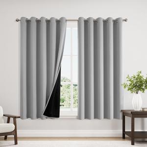 ChrisDowa 100% Blackout Curtains 63 inch Long for Bedroom with Black Liner, Extra Wide 2 Thick Layers Total Blackout Thermal Insulated Grommet Window Curtains 2 Panels Set (Light Grey, 60 x 63 Inch)