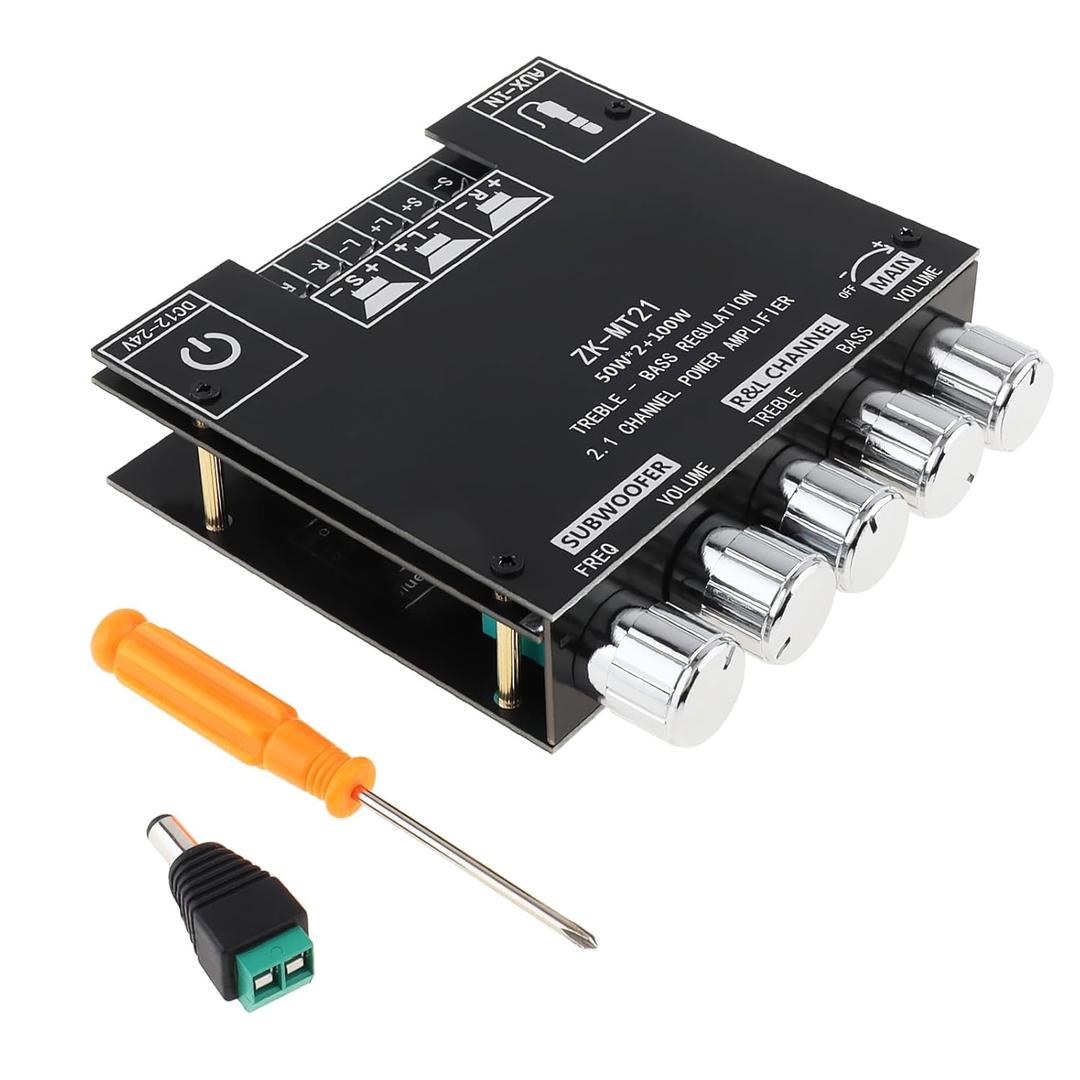Bluetooth Power Amplifier Board with Subwoofer 2.1 Channel 50W x 2+100W DC 12V-24V Audio Power Amplifier Module for DIY Bluetooth Audio and Store Home Theater with Treble and Bass Control