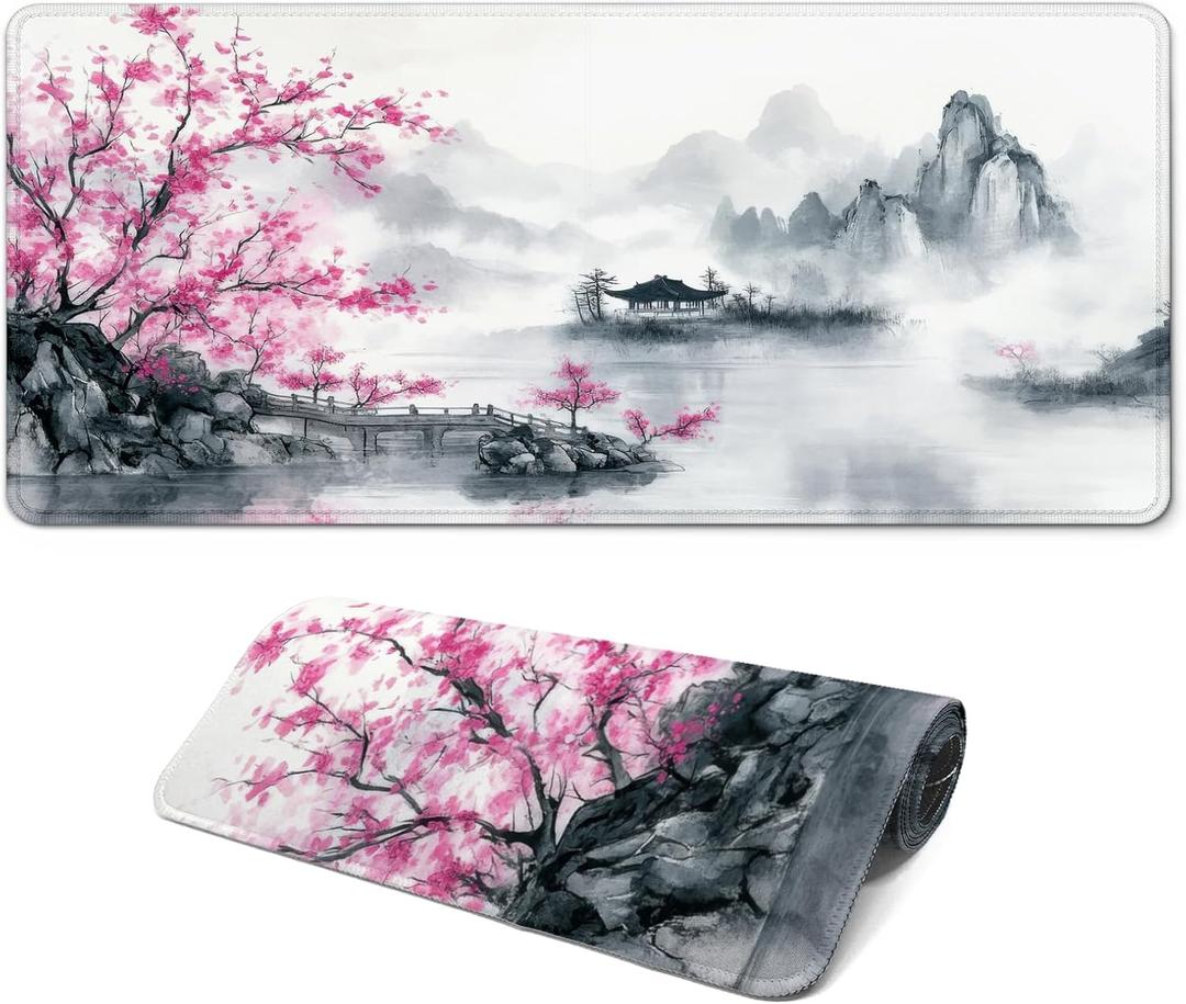 Gaming Mouse Pad, Large 31.5 x 11.8 inches Mousepad, Long Keyboard Pad, Cute Mouse Mat for Computer with Stitched Edges and Non-Slip Base (Pink Cherry Blossoms)