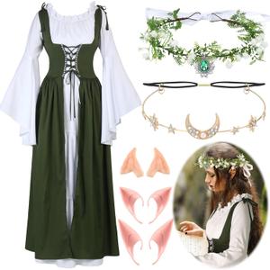 Bonuci 6 Pcs Women Renaissance Fairy Costume Medieval 1700s Dress with Elf Ear Flower Crown Moon Head Chain Halloween Cosplay (X-Small, Light Green)