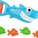 INvench Shark Grabber Baby Bath Toys - Blue Shark with Teeth Biting Action Include 4 Toy Fish - Bath Toys for Kids Ages 4-8 Boys Girls Toddlers Pool Toys