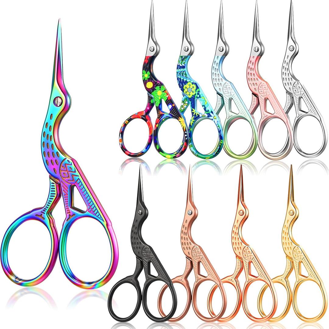Honoson 10 Pcs Embroidery Scissors Bulk 3.6" Small Bird Stork Vintage Crane Stainless Steel Rainbow Sewing Needlepoint Scissors DIY Tools (Bright Color)