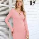 VICHYIE Women Square Neck Ribbed Bodycon Tight Dress Long Sleeve Mid Thigh Pencil Above Knee Dresses (Pink, XL)