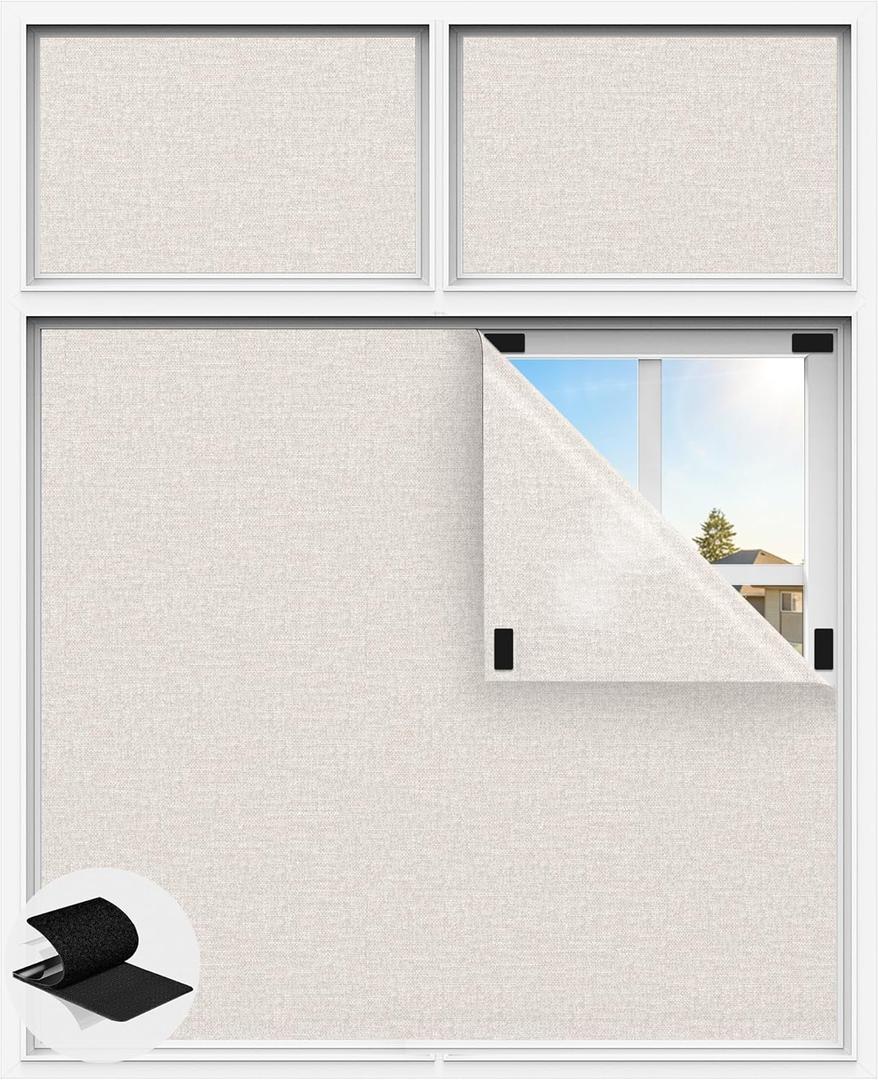 Linen Blackout Curtains for Bedroom, 70" x 58" Portable Black Out Blinds with 20 Sets Hooks & Loops Strips for 100% Blackout Window Film, Temporary Black-out Shades for Windows Cover Travel RV- Cream