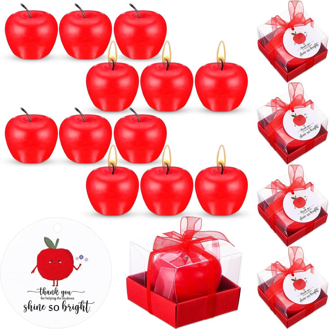 MTLEE 48 Pcs Teacher Appreciation Gifts Candles with Thank You Cards Holiday Apple Shaped Candles for Educator Women Men Christmas Party Favors Classroom Supplies