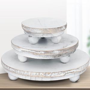 Amyhill 3 Pcs 8/6/4 Inch Wooden Risers for Display Wood Pedestal Stand Mini Tray Stand Round Wooden Pedestal Holder Rustic Riser for Decor Tiered Tray Decor Home Kitchen(Washed White)