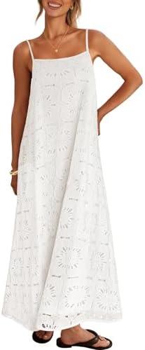 MEROKEETY Women's Summer Spaghetti Straps Sundress 2026 Casual Sleeveless Floral Lace Eyelet Boho Beach Maxi Dress, White, Size L